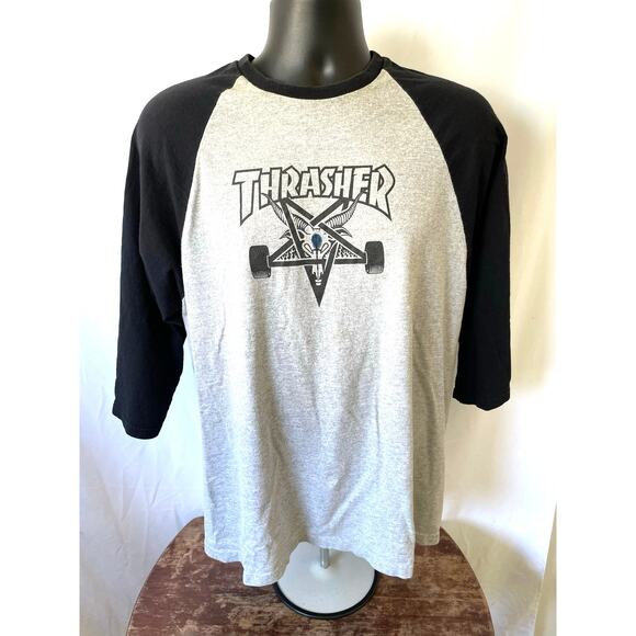 Thrasher Goat Pentagram Raglan Tee Gray Black L Stained - Picture 1 of 7
